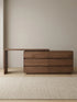 Walnutry Rowan vanity desk front view with integrated drawer storage