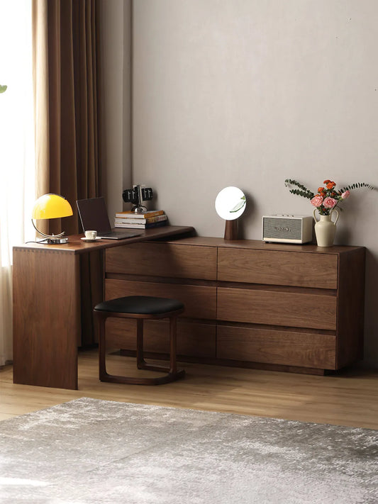 Walnutry Rowan walnut vanity desk with integrated drawers and stool