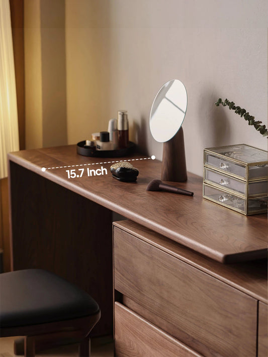 Walnutry Rowan walnut vanity desk with extended tabletop and styling detail