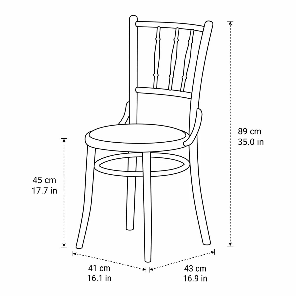 Dimension diagram of the Salo dining chair showing height 89 cm, width 41 cm, depth 43 cm, and seat height 45 cm