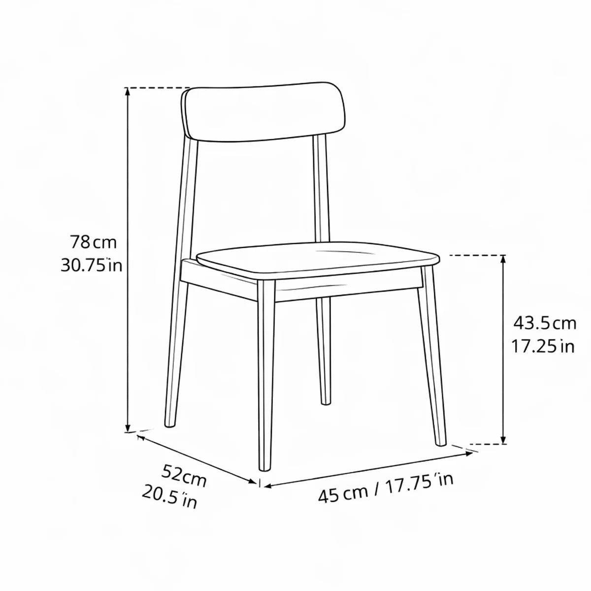 Dimension diagram of the walnut dining chair showing overall height, width, depth, and seat height measurements.