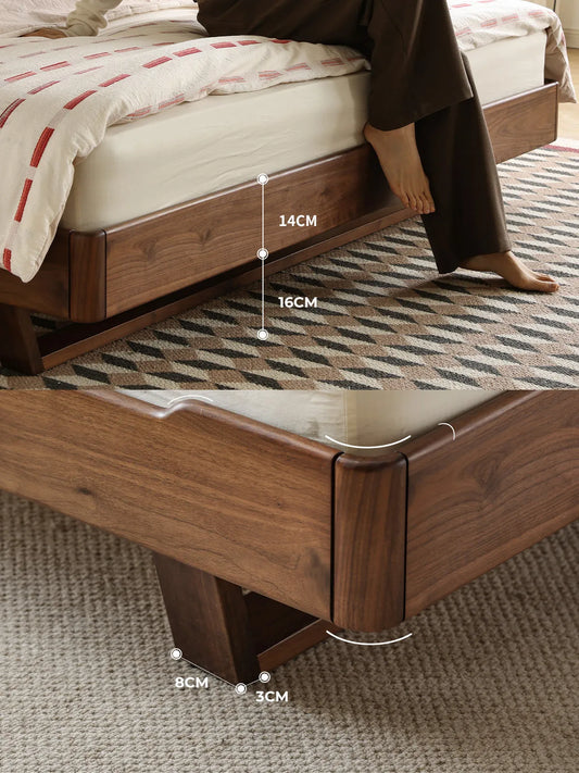 Detail shot of the solid wood bed frame queen, emphasizing the safe rounded corners and the generous under-bed clearance for easy cleaning.