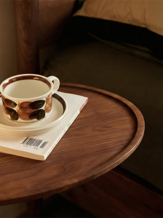 Close-up top view of our solid wood nightstands showcasing the rich, natural wood grain patterns of North American Black Walnut.