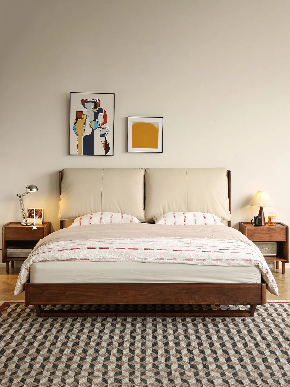 A complete bedroom set showcasing the solid wood platform bed frame paired with matching walnut nightstands and cozy neutral bedding.