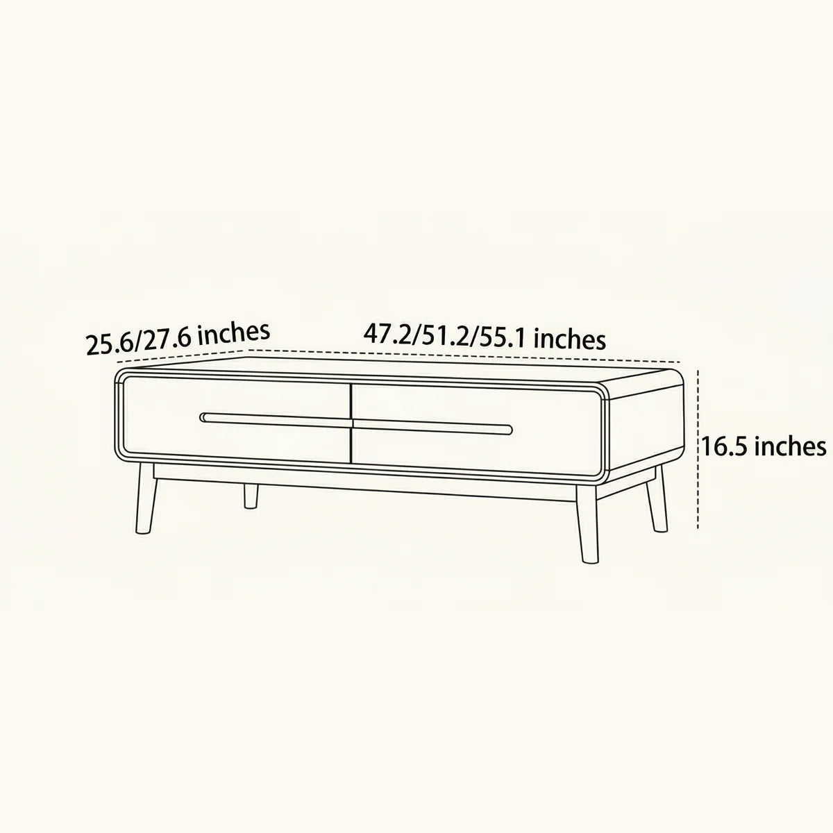 Dimension diagram of a walnut coffee table showing width, depth, and height options