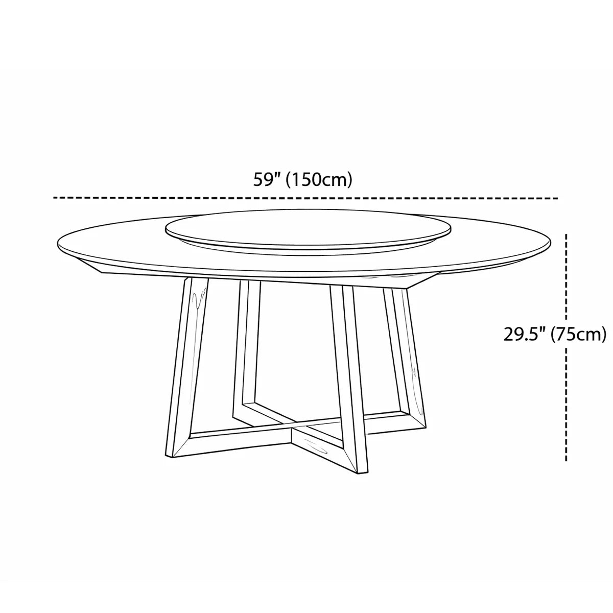 Dimension drawing of a round dining table showing a 59-inch diameter and 29.5-inch height.