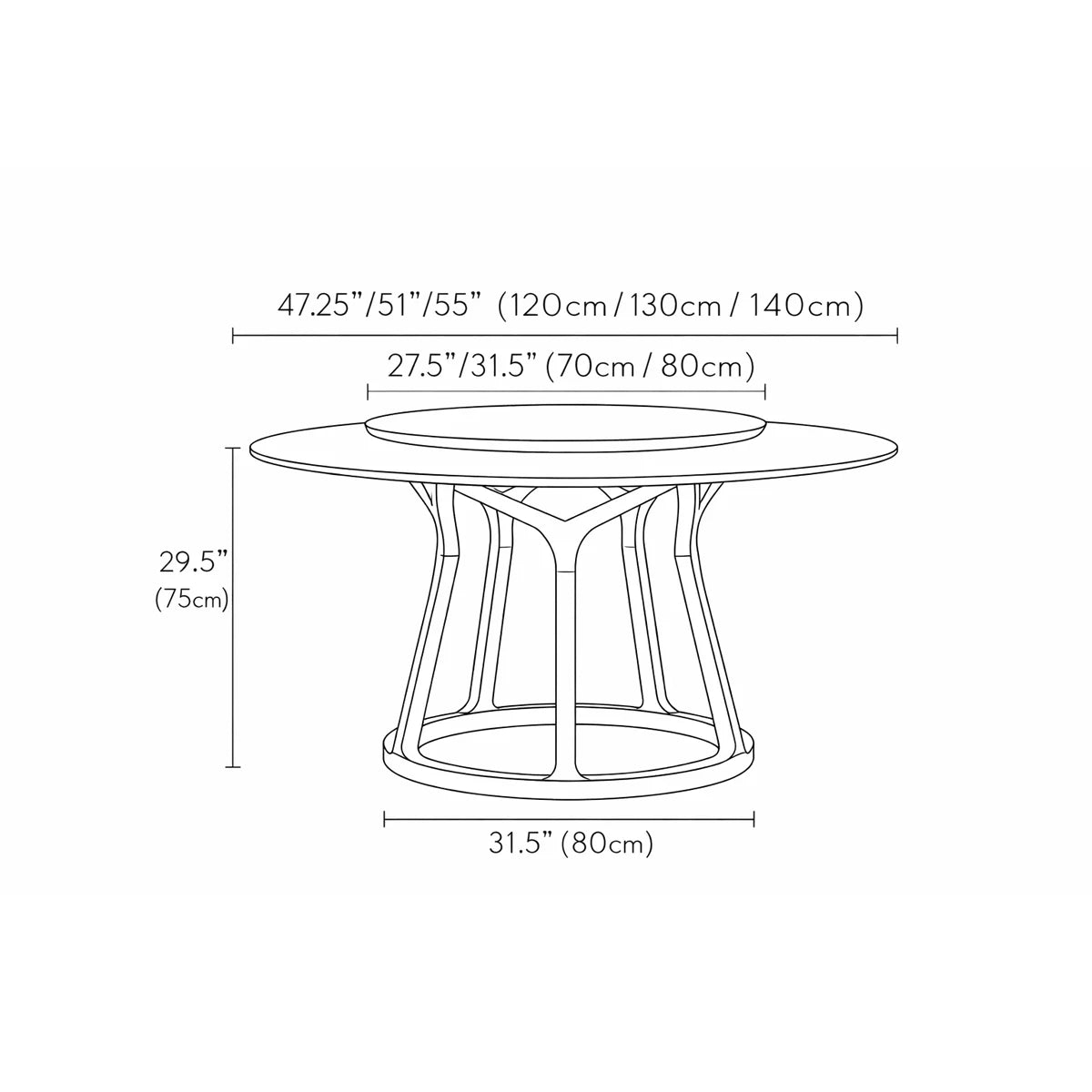 Dimension drawing for a round walnut dining table with lazy susan, showing 120, 130, and 140 centimeter size options.