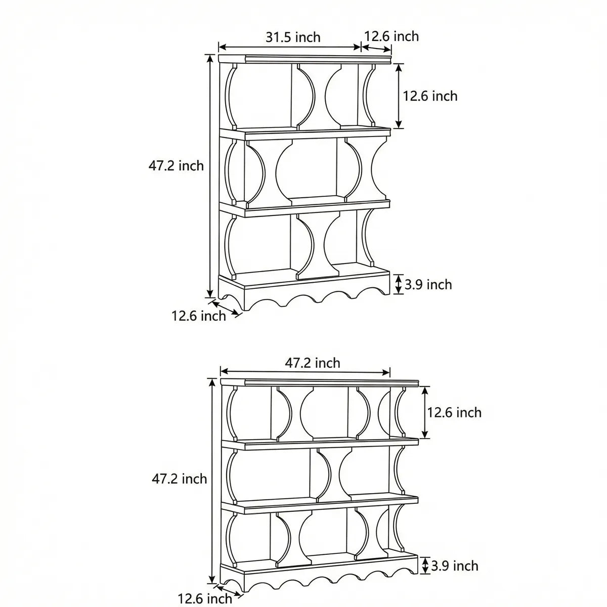 Technical dimension drawing of the Sylvan walnut bookcase modern style, showing height, width, and shelf spacing specifications in detail.