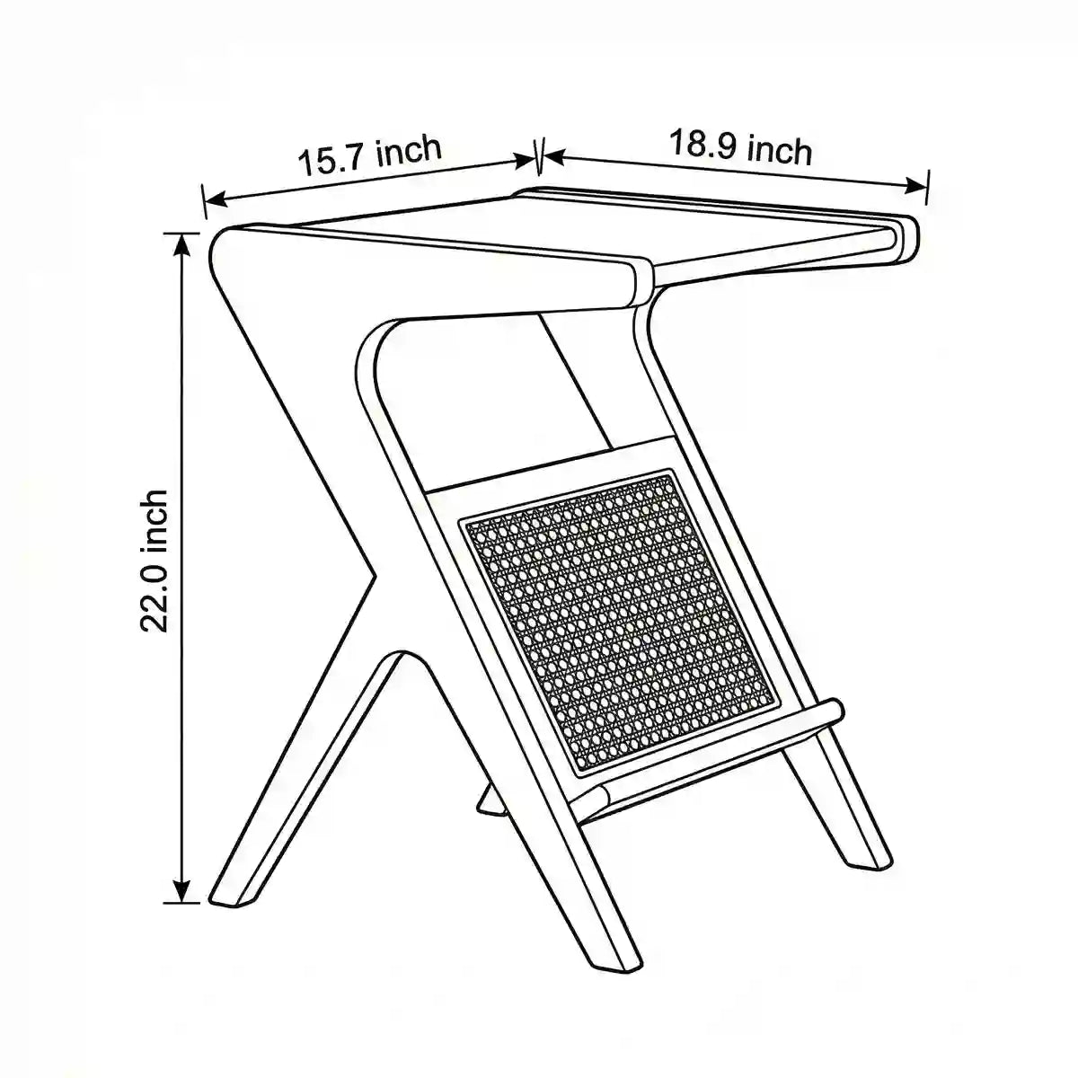 Technical line drawing of Walnutry Sylvan Z-table showing dimensions: 22 inches height, 18.9 inches width, 15.7 inches depth.