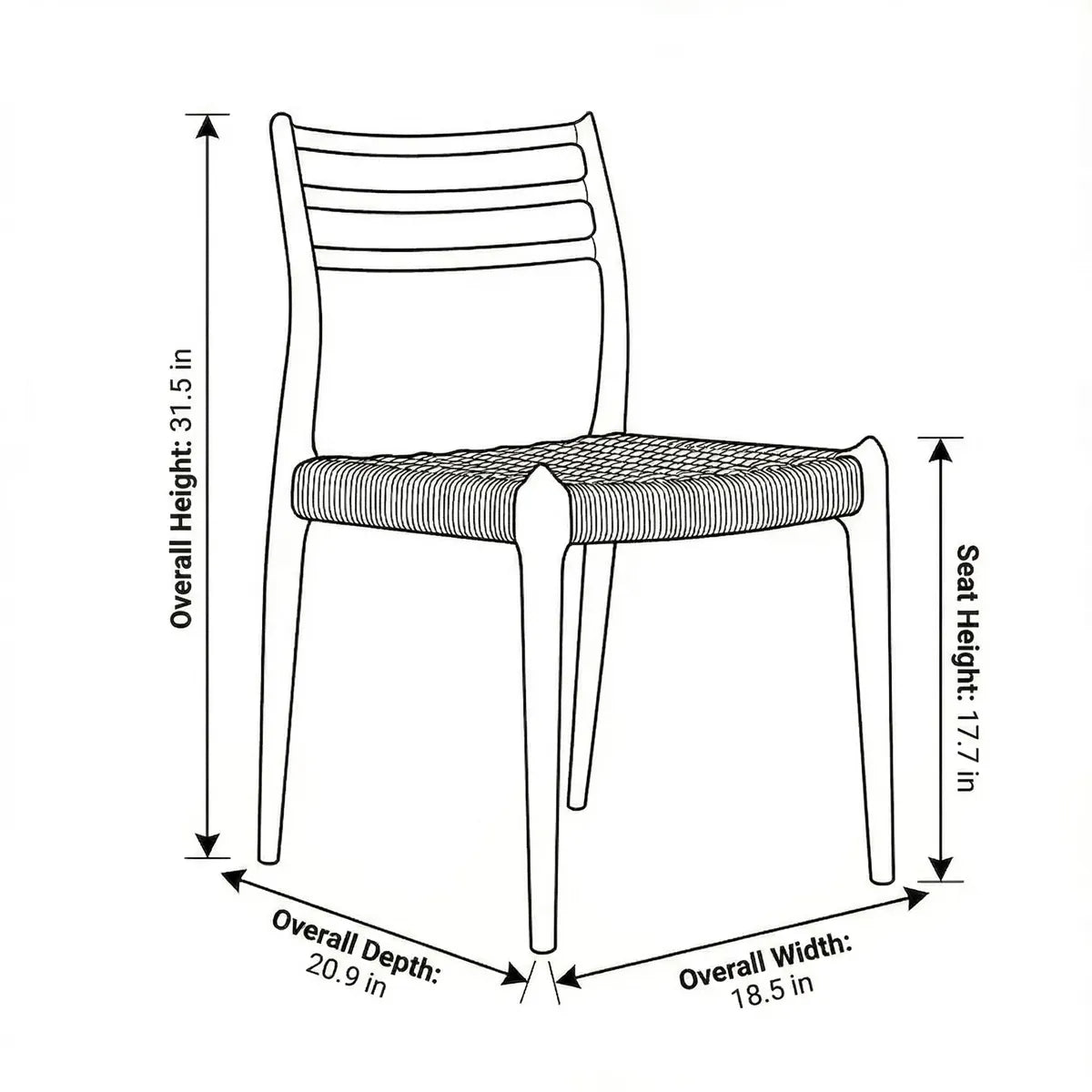 Detailed dimension guide diagram for The Haven Dining Chair, illustrating an overall width of 18.5 inches, a seat height of 17.7 inches, and an overall height of 31.5 inches.