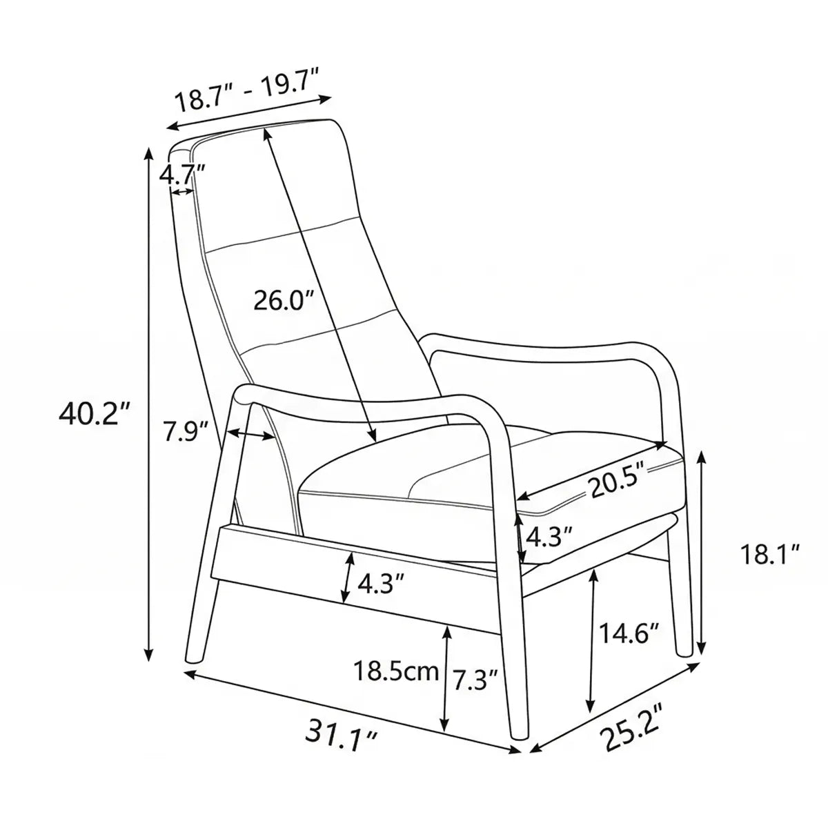 Detailed dimension guide and schematic drawing for The Haven Lounge Chair, showing height, width, and depth measurements in inches and centimeters.