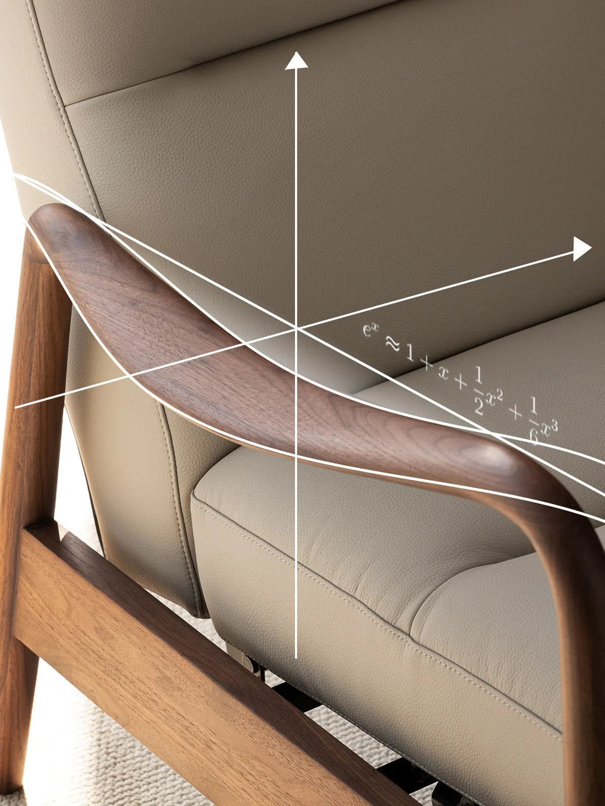 Close-up of the smoothly sculpted North American Black Walnut armrest on The Haven Lounge Chair, featuring ergonomic curves for optimal comfort.