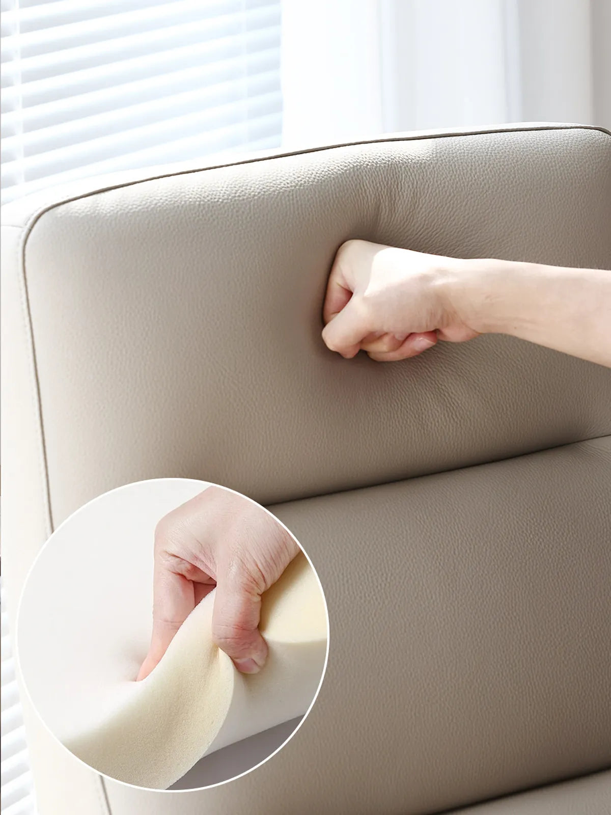 Close-up demonstrating the premium leather upholstery and resilient high-density foam padding of The Haven Lounge Chair.