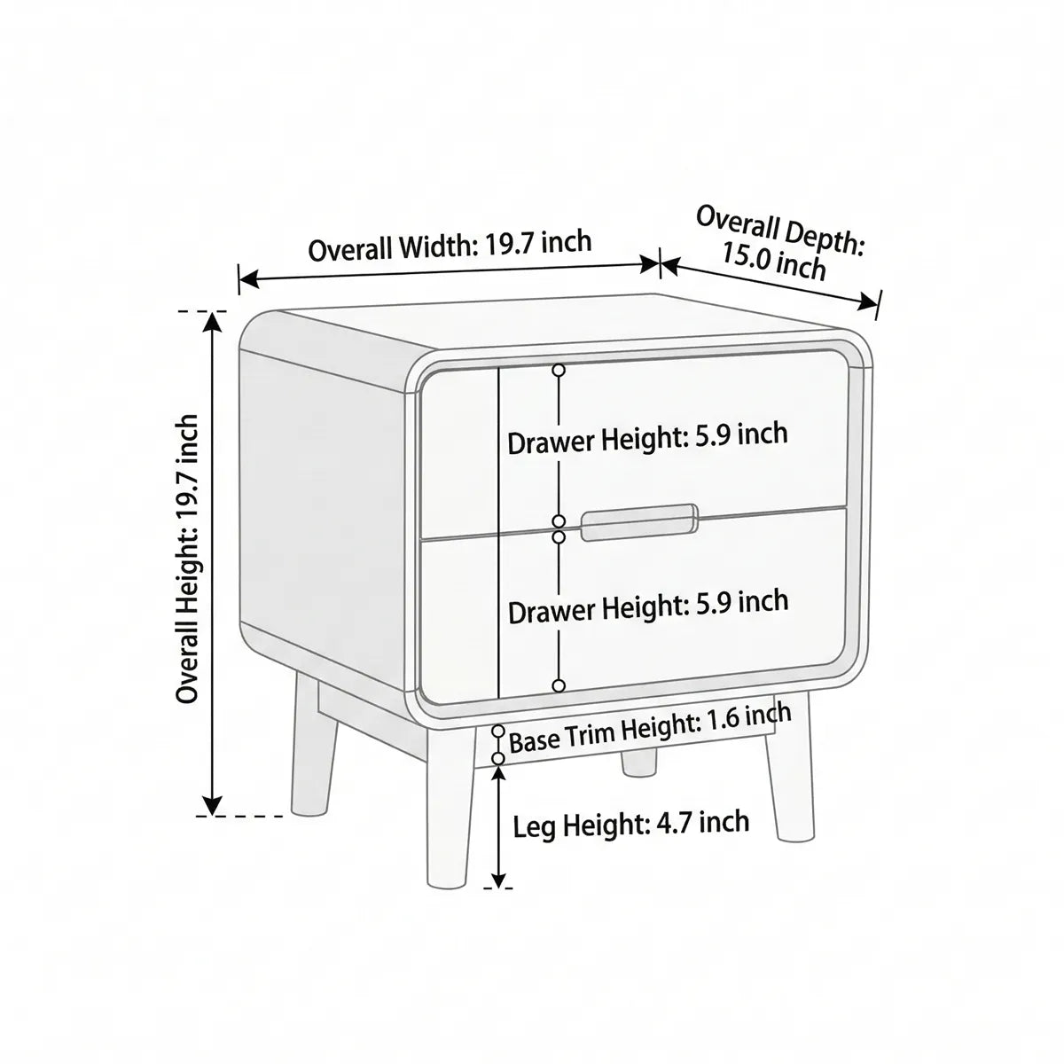 Detailed dimension chart for the Heritage mid century modern walnut nightstand, indicating the exact height and width measurements.