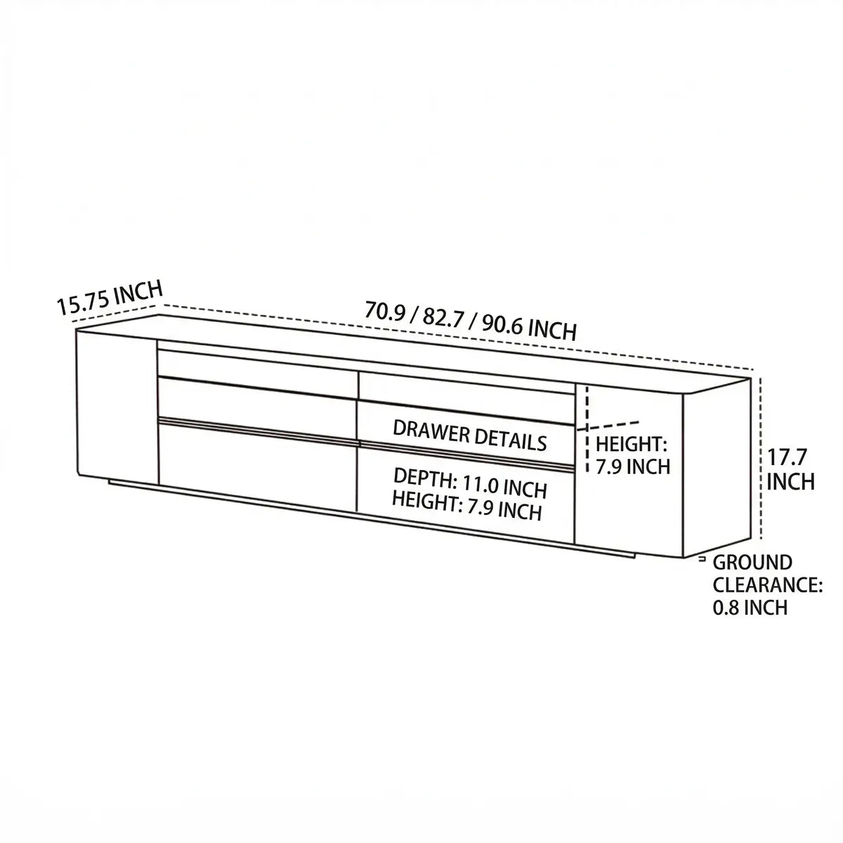 A dimensional line drawing of The Pebble Media Console detailing its measurements in inches. It displays a depth of 15.75 inches, a total height of 17.7 inches, and three length options: 70.9, 82.7, or 90.6 inches, along with specific drawer and ground clearance details.