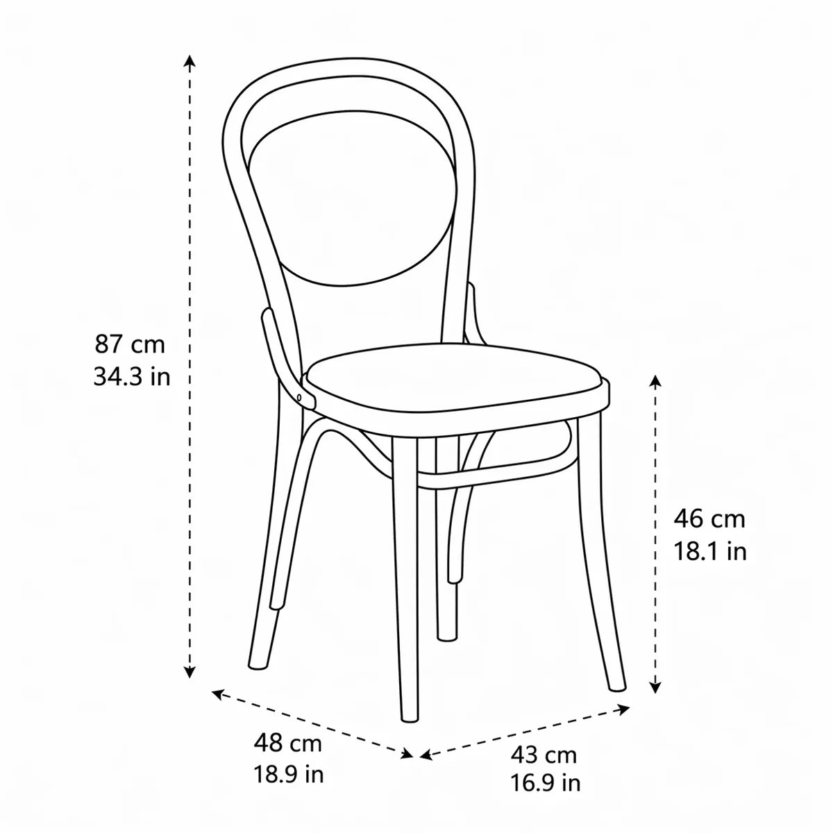 Dimension diagram of the Tovin dining chair showing 34.3 in height, 18.9 in depth, 16.9 in width, and 18.1 in seat height
