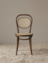 Tovin bentwood dining chair in solid walnut with handwoven cane seat and oval cane backrest, front view on textured rug
