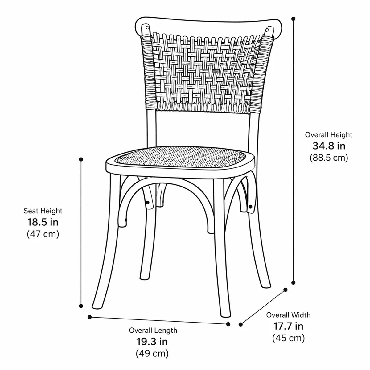 Dimension diagram of the Vilen dining chair showing 34.8 in height, 17.7 in width, 19.3 in depth, and 18.5 in seat height