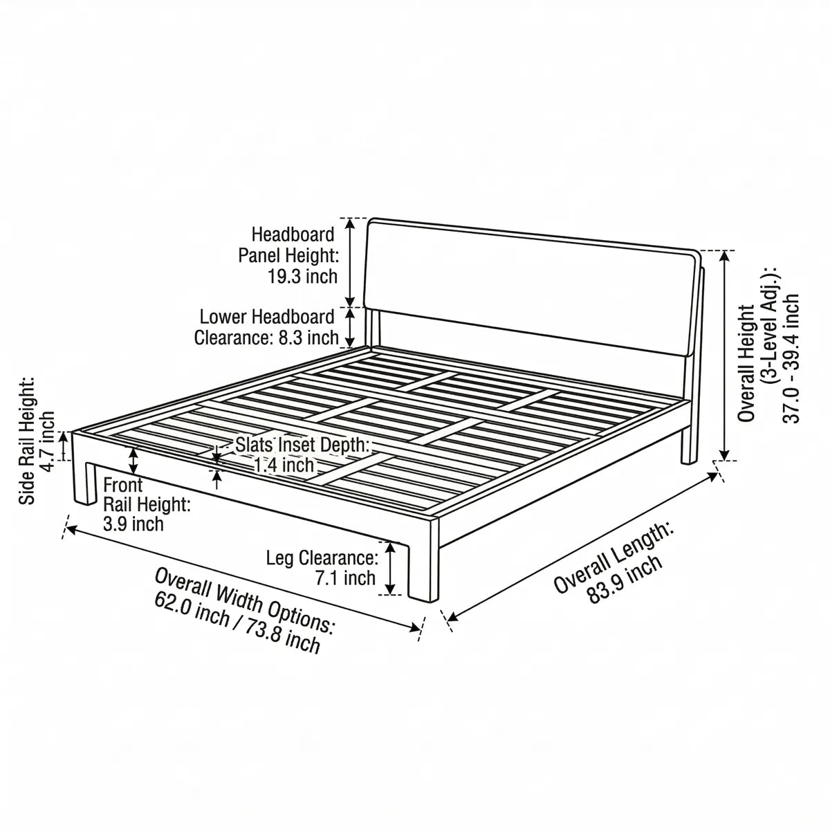 Schematic dimension guide for The Haven bed with walnut headboard, detailing overall height, width options, length, slat depth, and under-bed clearance.