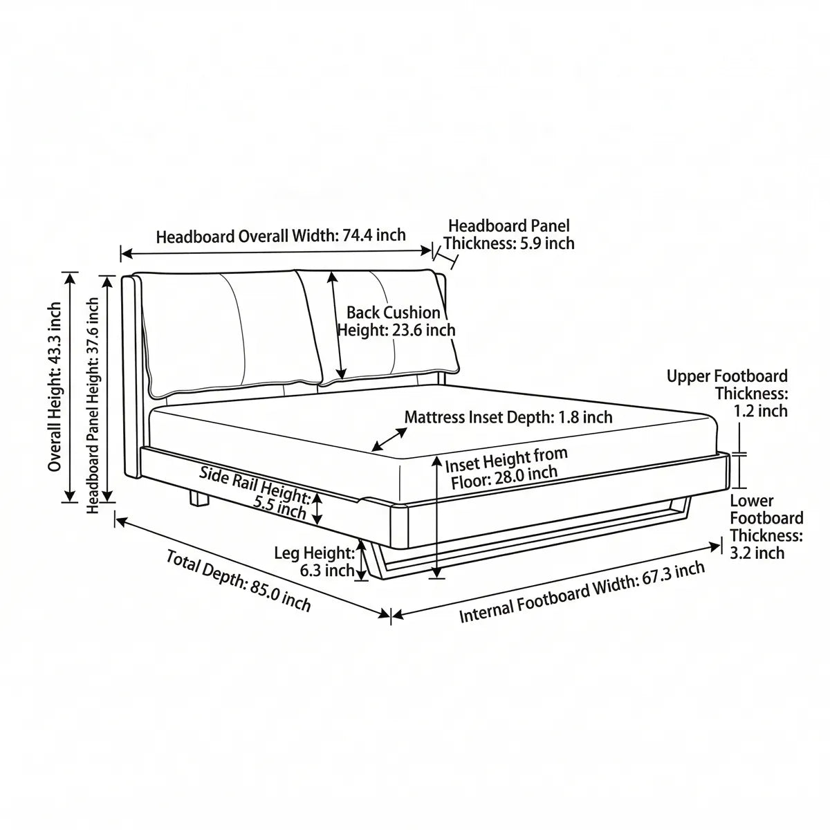 Technical line drawing illustrating the precise measurements, height, and slatted base details of the Pebble walnut platform bed.