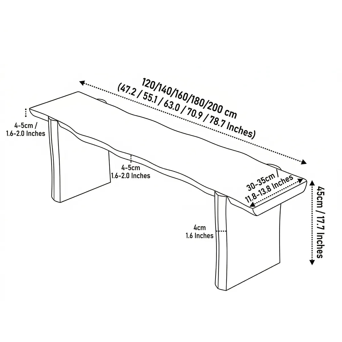 Walnutry Wilder live edge bench dimension drawing showing multiple size options, overall height, seat thickness, and width measurements in centimeters and inches.