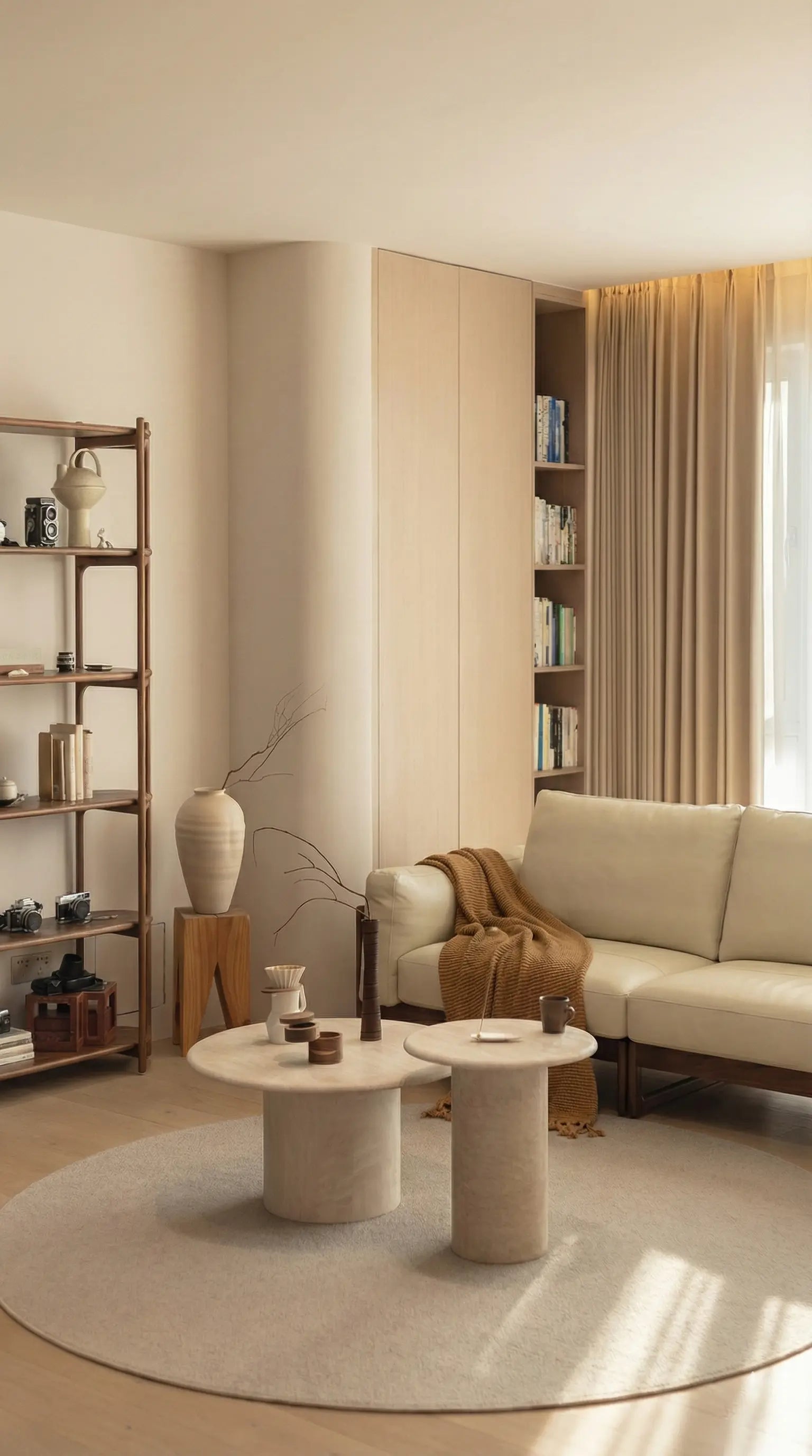 Modern solid wood bookshelf and display rack in a warm, neutral living room interior paired with a beige sofa.