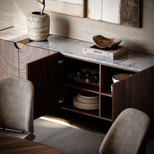 Interior view of the walnut buffet showing shelves designed for wine storage and dinnerware.